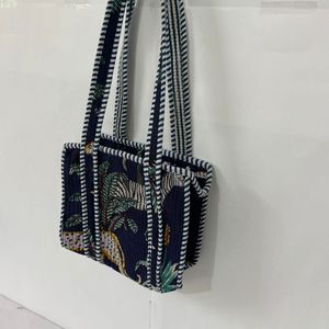 Animal Print Textile Shopping <b>Bag</b> <b>Medium</b> Size Long Handle Zipper Closure Beach <b>Tote</b> Kids Size 8x8 Inches Quilted Cotton - Product Image 2
