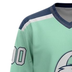 Men Mint Green Navy Sublimated Ice Hockey Printable Polyester V Neck Jersey Long Sleeve <b>Athletic</b> Match Wear Performance - Product Image 6