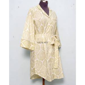 Indian Handmade Eco-Friendly Vintage Summer Lightweight Floral Cotton <b>Kimono</b> with Bird Print Woven Fabric Long Shirt with Belt - Product Image 5