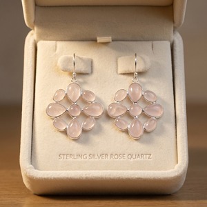 Pendientes colgantes de flor de cuarzo rosa natural, plata de ley 925, hechos a mano, piedra preciosa rosa, joyería floral delicada, regalo para mujer - Product Image 6
