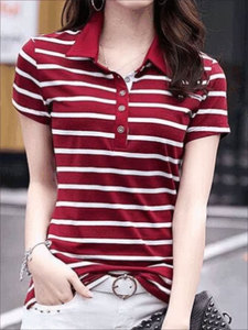 เสื้อยืดพิมพ์ลายทาง ปกพับได้ ทรงปกติ แขนสั้น สวมใส่สบาย สำหรับฤดูใบไม้ผลิและฤดูใบไม้ร่วง เสื้อผ้าผู้หญิง - Product Image 5