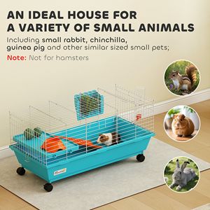 Cage pour petits animaux bleue de 35 pouces avec roulettes, pour lapins et cochons d'Inde, incluant gamelle, bouteille d'eau et mangeoire à foin - Product Image 4