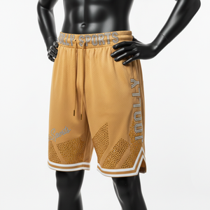กางเกงบาสเก็ตบอลผู้ชาย ผ้าโพลีเอสเตอร์ตาข่ายระบายอากาศ 180 GSM สีทอง แผงด้านข้างแบบเจาะรู โลโก้ลายเพชรแบบรีดร้อน - Product Image 4