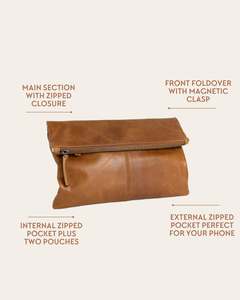 Sac à main pliable Eoin Winston Sports en cuir véritable à 100 % avec fermeture à glissière et fermoir magnétique frontal Marron - Product Image 1