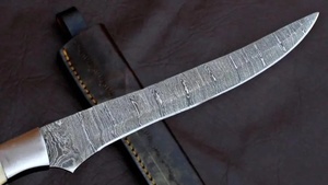 A&M Enterprises Handmade Damascus Steel Fillet <b>Knife</b> with <b>Bone</b> <b>Handle</b> and Leather Sheath Professional Survival Tracker <b>Knives</b> - Product Image 3