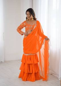 Sari élégant à volants en faux georgette avec des broderies et des paillettes très travaillées |   Sari tendance pour femmes, idéal pour les mariages et les soirées - Product Image 2