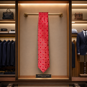 Corbata con patrón cuadrado en rojo y oro rosa |   Corbata de Diseño Premium para Hombre, para Oficina, Negocios, Bodas y Eventos |   Corbata de Moda Moderna - Product Image 4