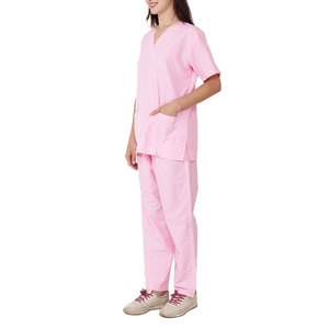 Ensemble de blouses et pantalons roses pour femmes, col en V, manches courtes, en coton et polyester tissé, tenue d'hôpital, détection d'aiguilles - Product Image 2