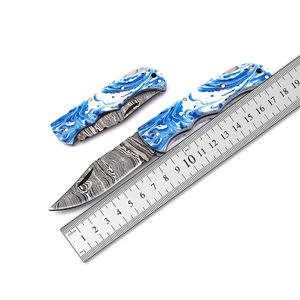 Hot Selling Copper Damascus Steel Folding Knife <b>Back</b> Lock Turquoise Style Resin Handle Sheath Cu Mai EDC Camping OEM Knife - Product Image 6