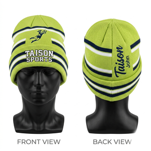 Bonnet de rugby en tricot acrylique premium 280 GSM, vert lime, bleu marine, rayures blanches, logo personnalisé brodé - Product Image 1