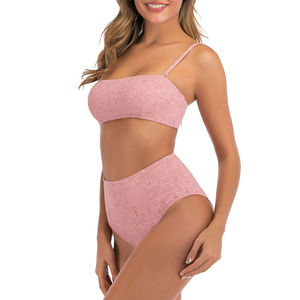Ensemble bikini en dentelle florale rose pour femmes, haut bandeau, bas taille haute, maillot de bain 2 pièces en tissu extensible - Product Image 3