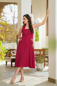 Vestido de Algodón Elástico Tejido hasta la Rodilla en Rojo Cereza para Mujer, Corte Regular, Formal, Ecológico, Moda 2026 - Product Image 6