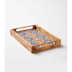 Bandeja de servir de madera de mango hecha a mano con incrustaciones, bandeja decorativa otomana para cocina, plato de madera con asas recortadas, bandejas de madera - Product Image 1