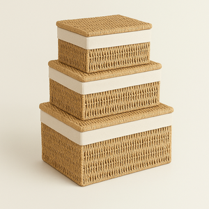 Cesta de mimbre apilable elegante con diseño de tapa que ahorra espacio - Product Image 1