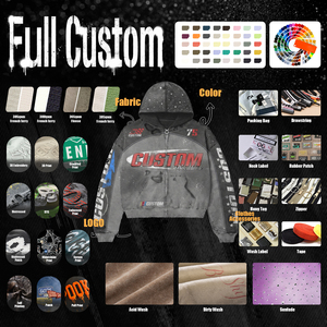 Custom Heavyweight Men's Zip up Oversized Distressed Rhinestone Color Blocked Heavyweight Patchwork Cropped Boxy Hoodies for Men - Product Image 5