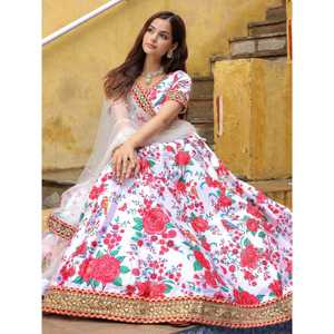 Séduisant blanc cassé imprimé floral Art soie Sangeet Wear Lehenga Choli pour femmes pour les événements traditionnels - Product Image 4