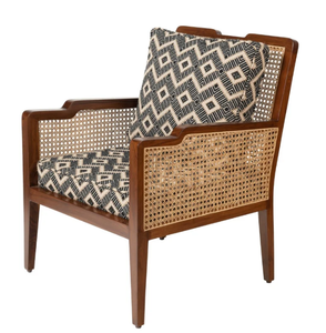 Sillón de madera moderno de mediados de siglo con respaldo de mimbre y tapicería geométrica, silla de sala de estar con estructura de madera maciza hecha a mano - Product Image 1
