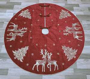 Rustic Velvet Christmas Tree <b>Skirt</b> Reindeer Embroidered Festive Holiday Decor Handmade Tree Cover - Product Image 1