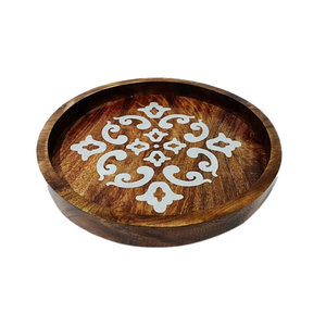 Round Wooden Bone Inlay Serving Tray | Handmade Decorative Tray Rustic Home Decor Coffee Table Tray | Kitchen Dining Tray <b>Gift</b> - Product Image 2