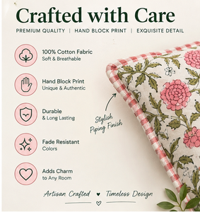 Funda de Cojín Floral Estampada a Mano, Funda de Almohada de Algodón Slub, Funda Decorativa Floral para Sofá, Hogar, Hotel - Product Image 3