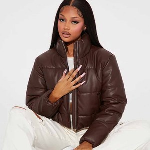 Women's <b>Brown</b> Faux <b>Leather</b> Quilted Vest With Faux Fur Lining Stand Collar Zipper Closure Winter <b>Jacket</b> - Product Image 4
