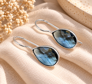 <b>London</b> Topaz Quartz Tear drop Bezel Set Earring - Handmade Gold Plated Gemstone Dangle Earrings Gift for Woman - Product Image 3