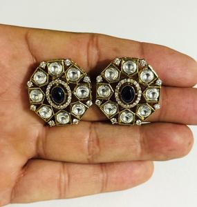 Luxury Blue Polki Round Stud Earrings Gold Plated Traditional <b>Indian</b> Bridal Wedding Party Fashion Jewelry for Women - Product Image 3