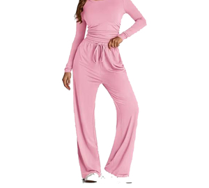 Combinaison longue unie pour femme, manches longues, taille élastique, coupe ample, style décontracté, pour le printemps, rose - Product Image 4