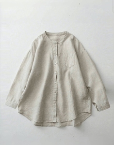 Blusa de Mujer de Lino con Cuello Mandarín, Manga Tres Cuartos, Color Sólido, Cierre de Botones, Corte Holgado, Estilo Minimalista, Primavera - Product Image 2