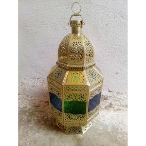 Lanterne marocaine hexagonale avec panneaux en verre jaune, porte-bougie décoratif en métal suspendu pour la décoration intérieure de la maison - Product Image 5