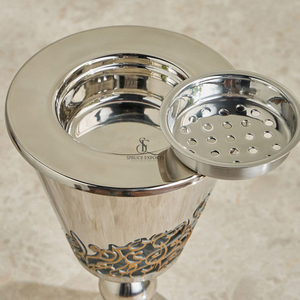 Brûleur d'encens de luxe à double tonalité avec calligraphie arabe. Porte-Bakhoor en métal argenté de forme ronde pour la maison, l'Aïd et les mariages - Product Image 6