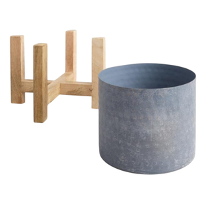 Round Galvanized Metal Planter Pot With Wooden <b>Plant</b> <b>Stand</b> Modern Indoor Home Garden Decorative Planter Wholesale Home Decor - Product Image 1