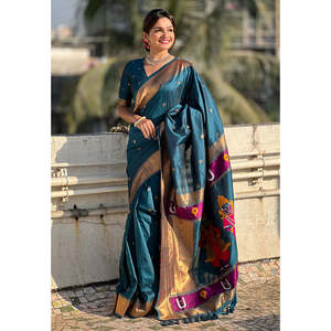 Sari en soie Paithani traditionnel spécial Vitthala God, tissé en denim Zari, Elite Weaves 650g, vêtements indiens et pakistanais - Product Image 1