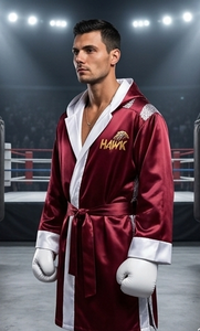 Robe de boxe Hawk en polyester satiné durable, pour l'entraînement aux arts martiaux, couleur marron et blanc, toutes saisons - Product Image 2