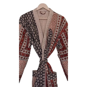 เสื้อคลุมยาวสไตล์กิโมโนญี่ปุ่นโบฮีเมียน Kantha เย็บปะติดปะต่อกันทำด้วยมือหลายสีผูกเข็มขัดขอบดิบแจ็คเก็ตผ้าฝ้ายฤดูหนาว - Product Image 5