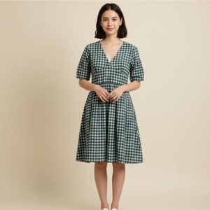 V-Neck Plaid A-Line Dress With Cap Sleeves Knee-Length Breathable Cotton Bamboo Fiber Vintage Style For Women - Product Image 3