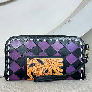 Premium Rustic Hand Tooled Genuine Leather Checkered Pattern <b>Clutches</b> Purse Zipper With Luxury Flower Design Women's Daily Use - Product Image 4