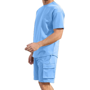 Ensemble de survêtement homme uni, épais et respirant, 100% coton, coupe oversize, avec short cargo et haut à manches courtes et col rond - Product Image 3
