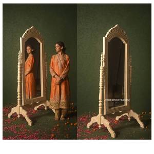 <b>Antique</b> Distress Beige Hand-Carved Standing Psyche Mirror Traditional Standing Mirror <b>Frame</b> - Product Image 5