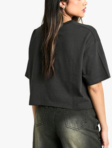 Cheap Price Women's Black Oversized <b>Crop</b> <b>Top</b> Short Sleeve Drop Shoulder Loose Fit O-Neck Jersey T-Shirt Solid Color All Seasons - Product Image 6