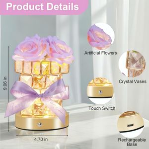 Elegante Lampada Notturna con Decorazione Floreale Viola, Base in Cristallo, 3 Colori Cangianti, Alimentazione Touch e USB, Idea Regalo Romantica - Product Image 6