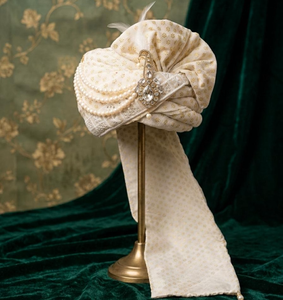 Turbante de novio real hecho a mano en oro blanco, pre-atado, con plumas Kalgi y pedrería de perlas, venta al por mayor OEM - Product Image 2