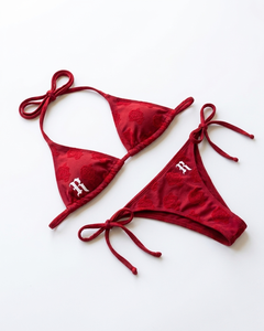 High Quality 220 GSM Soft Stretch Satin <b>Bikini</b> <b>Set</b> Red Floral Texture Tie Side Custom Logo Women <b>Bikini</b> <b>Set</b> - Product Image 1