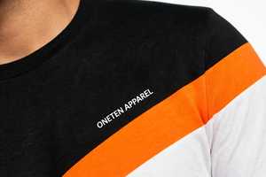 T-shirt à manches courtes pour homme en jersey 100% coton, color block, avec motif lettres, col rond anti-boulochage, noir, blanc, orange - Product Image 2