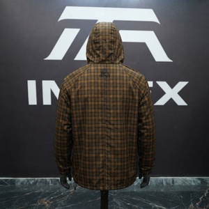 Blouson unisexe à capuche à carreaux avec logo brodé, coupe décontractée, coupe-vent, fermeture éclair sur le devant, mélange polyester-coton, idéal pour l'automne - Product Image 3