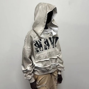 Custom Dirty Wash Vintage Print Jacket Hanging Mill <b>Clips</b> Distressed Rip Hole Cut <b>Collar</b> Cropped Double Layer Thermal Hoodie Men - Product Image 1