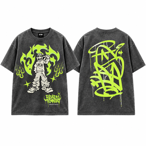 Camiseta Oversize de Hombre Lista para Ganar el Éxito, Estilo Urbano con Estampado de Personajes y Diseño de Graffiti Verde Neón, Manga Corta, Cuello Redondo - Product Image 1