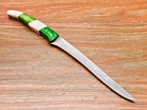 Damascus Steel Fillet <b>Knife</b> Serrated Edge Drop Point Blade Wood <b>Bone</b> <b>Handle</b> Industrial Grade 13" Overall Length 1 Year Warranty - Product Image 3