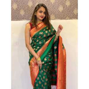 Elite Weaves Green Soft Silk Saree with Contrast Zari Woven Traditional Indian Saree for Women Indian & Pakistani Clothing - Product Image 1