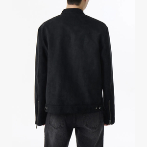 Men's Black Suede Bomber <b>Jacket</b> Stand Collar Zipper Closure <b>Casual</b> Regular Fit Autumn Wear - Product Image 2